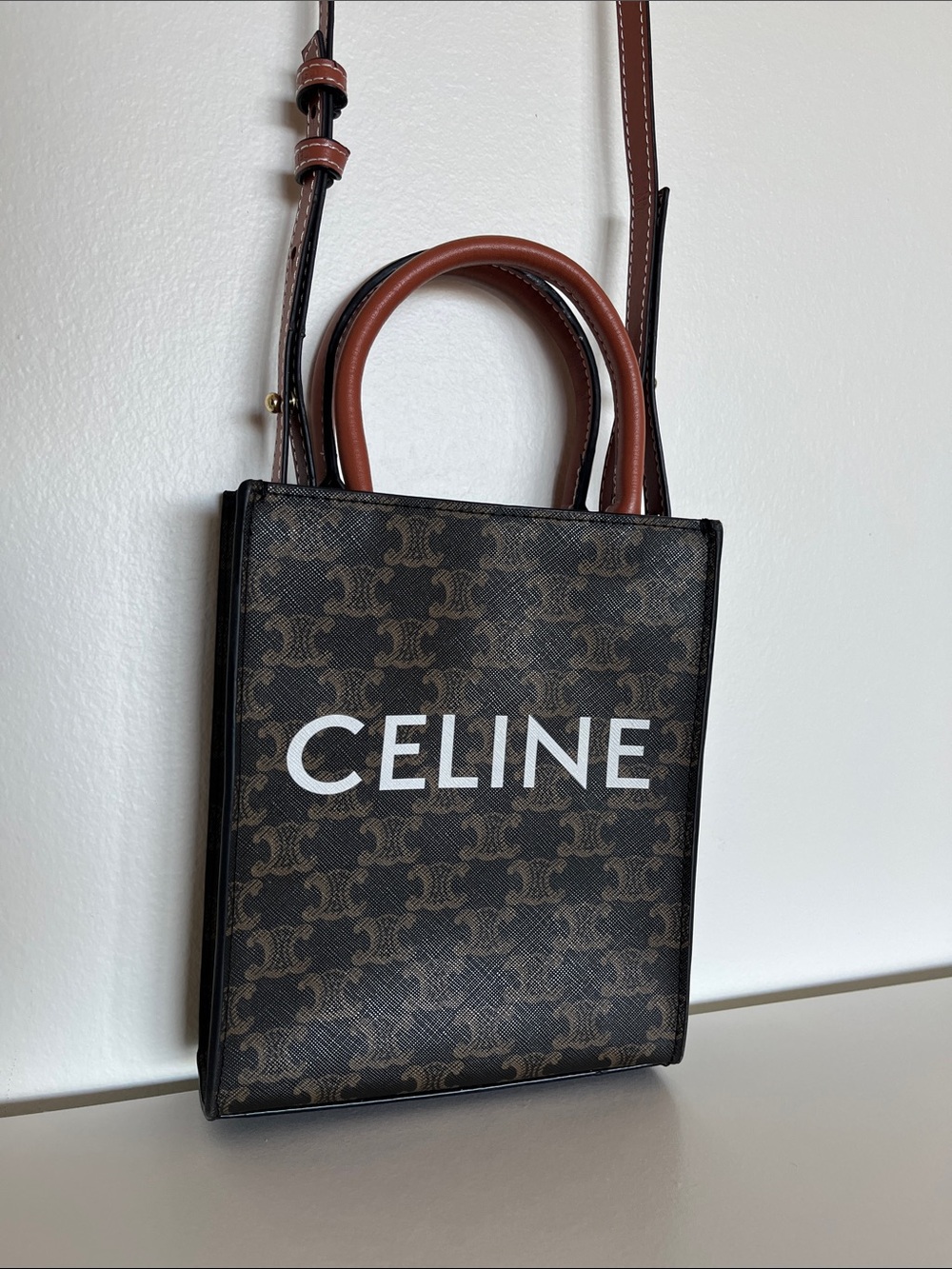 CELINE Brown Triomphe Mini Vertical Tote with Tan Handles